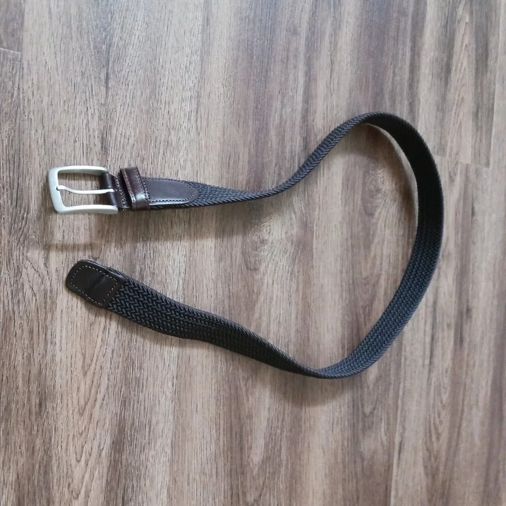 Lands End Brown Woven Braid Elastic Belt‎ W/ Brown Leather Men's Medium 32-34